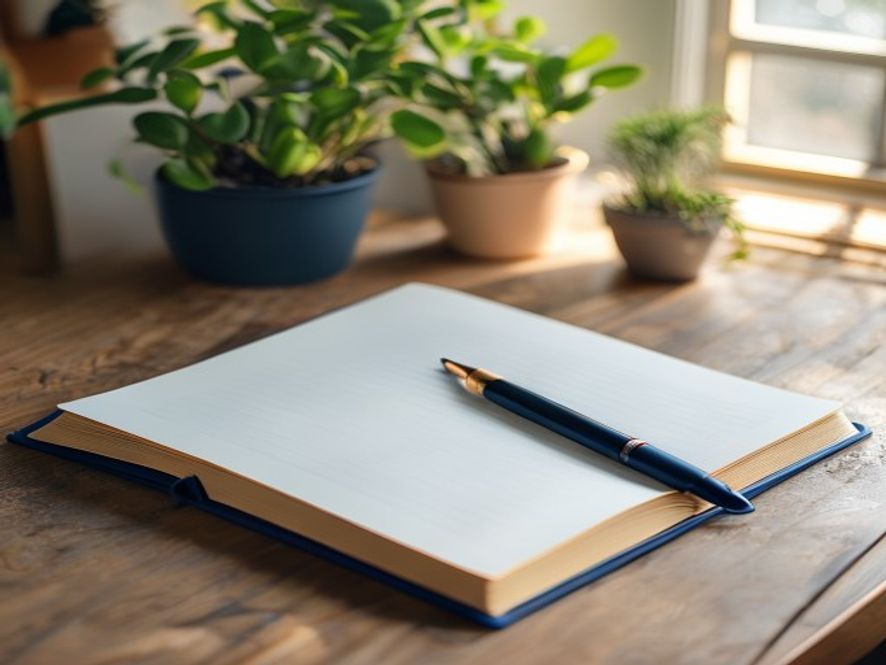Notebook and pen on organized desk near window