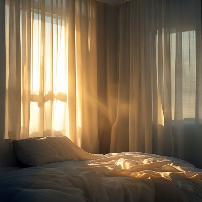 Morning light streaming through curtains