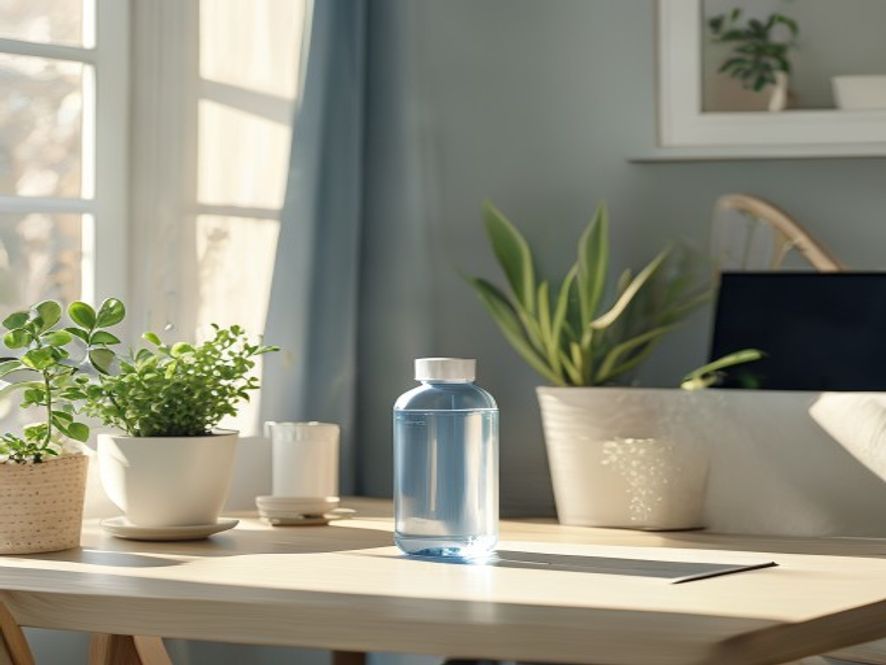 Simple desk area with water bottle and plant