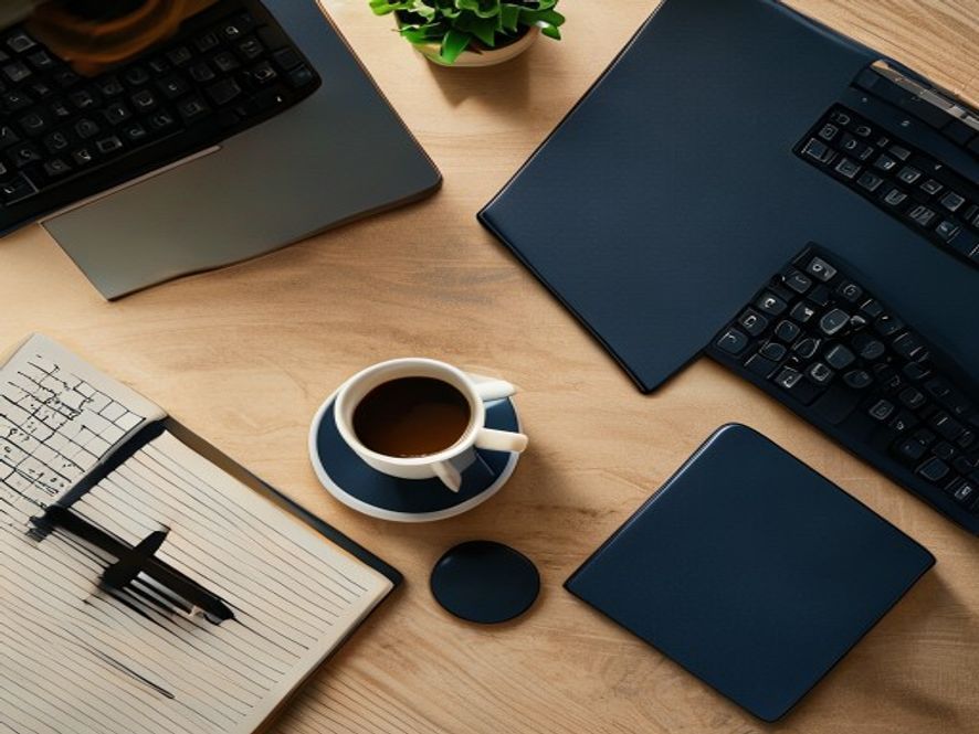 Organized desk with monitor, keyboard, and coffee cup