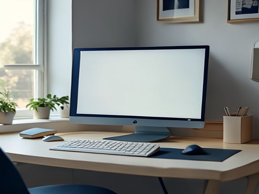 Clean desk with computer, plant, and ergonomic elements